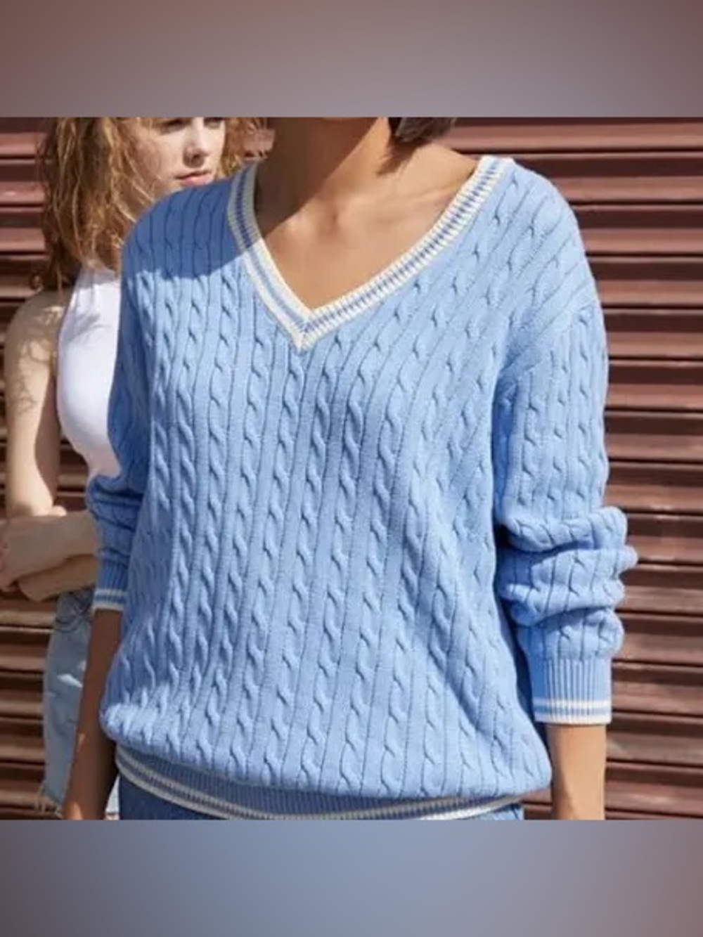 John Galt Brandy Melville V-neck Cable Knit Sweater - Light Blue